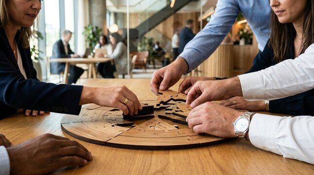 Diverse team assembling large wooden puzzle, collaboration and problem-solving concept