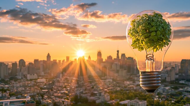 Eco green tree inside light bulb over a modern city skyline at sunrise
