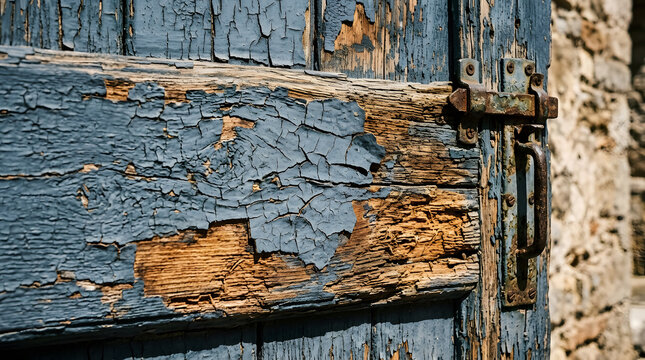 Weathered wooden door with peeling blue paint | Rustic antique door handle and latch detail | Vintage textured wood background with flaking paint | Distressed wood surface with cracked paint layer