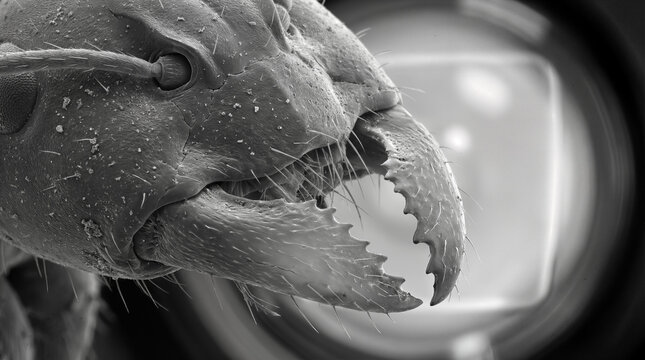 Close-up black and white microscopic image of an ant"s head showing detailed mandibles and textured surface.