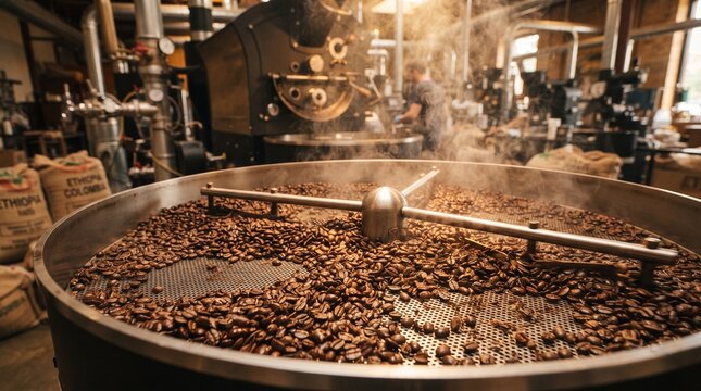 roasted coffee beans cascading from a professional coffee roaster into a stainless steel cooling tray