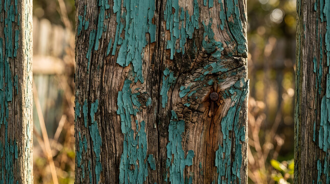 Weathered wooden fence with peeling teal paint | Rustic wood texture with cracked turquoise finish | Distressed vintage timber fence background | Close up of aged wooden boards and rusty nail