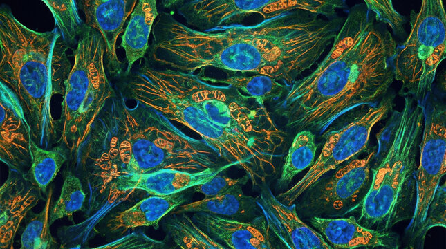 Fluorescent microscopic image showing multiple human cells with distinct blue nuclei, green cytoskeleton, and orange mitochondria.
