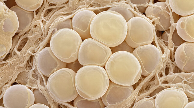 Microscopic view of adipose tissue showing tightly packed round fat cells surrounded by fibrous connective tissue.