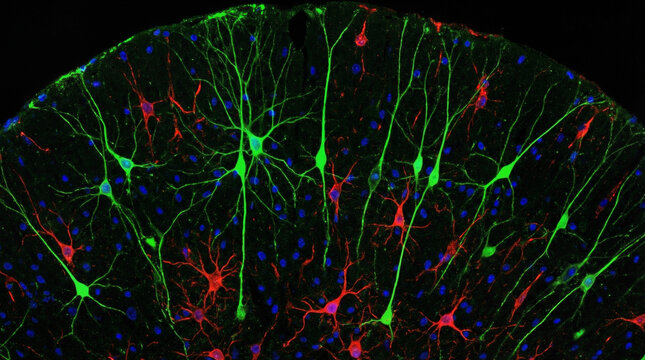 Fluorescent green and red neurons with blue nuclei in a brain tissue section under a microscope.