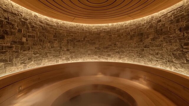 Curved Wooden Sauna with Illuminated Stone Wall and Warm Circular Interior Design