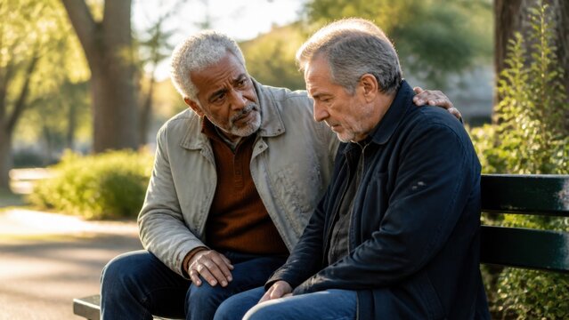 A senior man comforting a friend during a difficult conversation on a park bench, elevated three quarter view, for commercial stock use