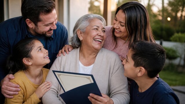 A multigenerational family celebrating a grandmother's completion of a local course without banners or readable text, layered environmental