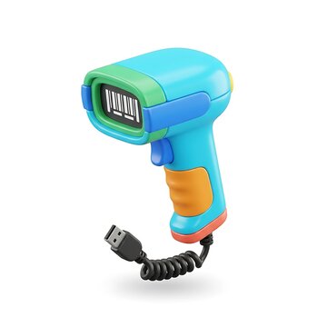 3D stylized handheld barcode scanner icon with coiled USB cable isolated on white background