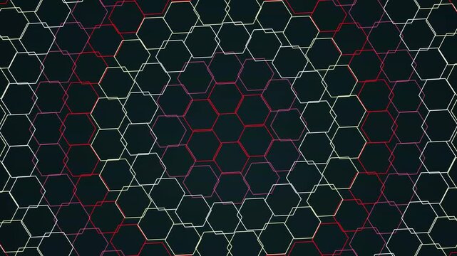 Glowing honeycomb geometric patterns forming connected circular structures with vibrant light lines on dark surface