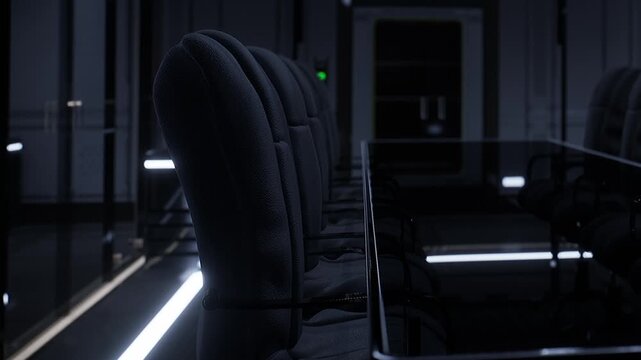 The scene shows a conference room that is mostly dark. It features a glass table and modern chairs. Light outlines and reflections create a contemporary look in the space.