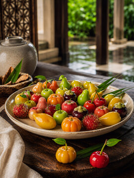 Traditional Thai Luk Chup Mung Bean Marzipan Dessert on Ceramic Platter
