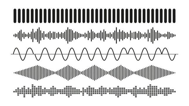 Multiple black digital audio sound wave patterns featuring various rhythmic shapes on a clean white background