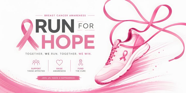 Breast cancer awareness run for hope banner, pink running shoe with ribbon laces, charity marathon event poster