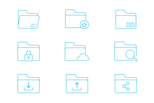 Document file folder line icon set vector interface text spreadsheet download upload storage archive data management business office system. File and cloud download icons showing data transfer interfa