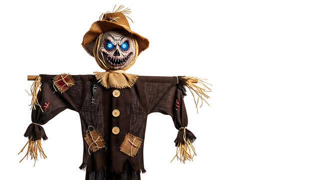A spooky scarecrow figure with glowing blue eyes wearing a hat against white background with creepy scarecrow stitched