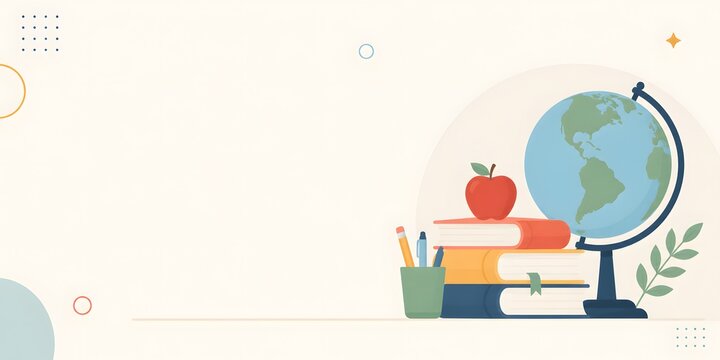 Educational back to school banner, flat vector school supplies with globe and books, minimalist academic background with copy space