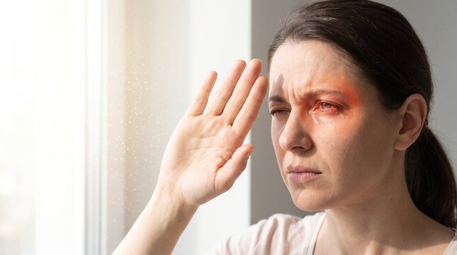Woman With Inflamed Red Watery Eye Shielding Bright Light From Photophobia