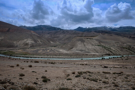 View of Panj river and Afghan-Tajik border near Langar village
