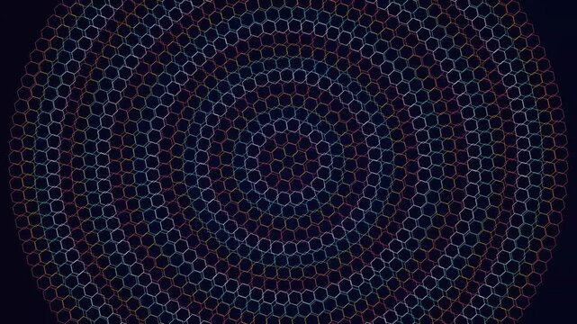 Glowing multicolored hexagonal network pattern forming concentric circular rings on a dark blue deep space field