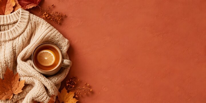 Cozy autumn flat lay with knitted sweater and lemon tea, warm fall background with copy space, seasonal lifestyle concept