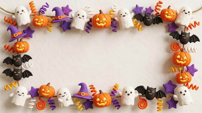Halloween garland frame with cute felt ghosts and pumpkins. Spooky holiday border with bats and witch hats. Festive autumn party background.