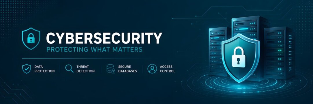 Cybersecurity banner, data protection, secure server room