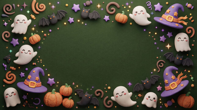 Cute Halloween border with 3D ghosts and pumpkins. Spooky holiday frame on green background. Playful festive background with witch hats.