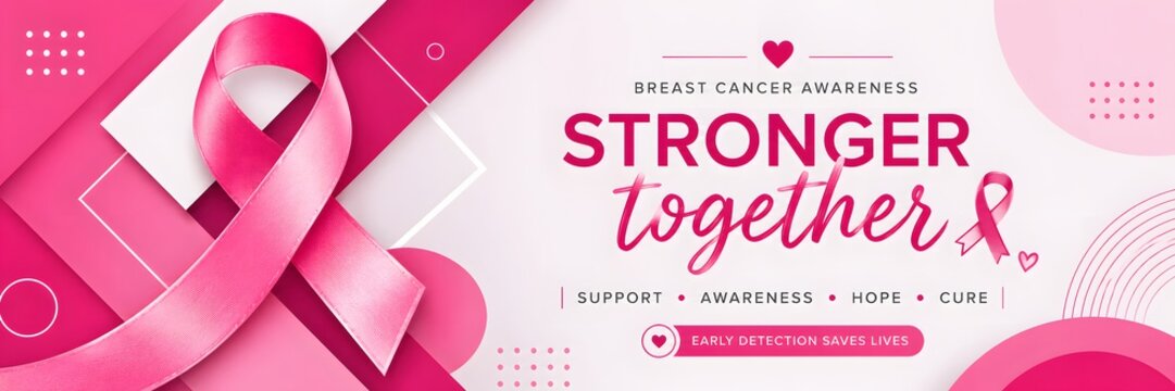 Breast cancer awareness banner, pink ribbon with stronger together text, medical support and hope campaign header