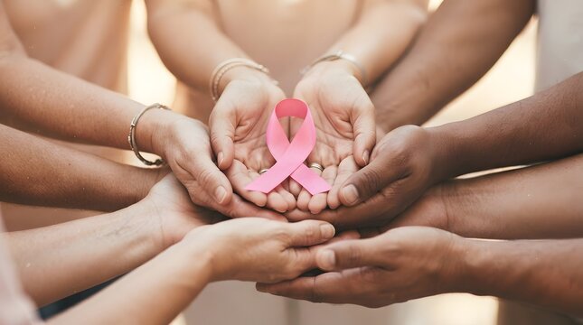 A diverse group of people holding a pink ribbon together to show support and unity during the annual breast cancer awareness month pink ribbon campaign