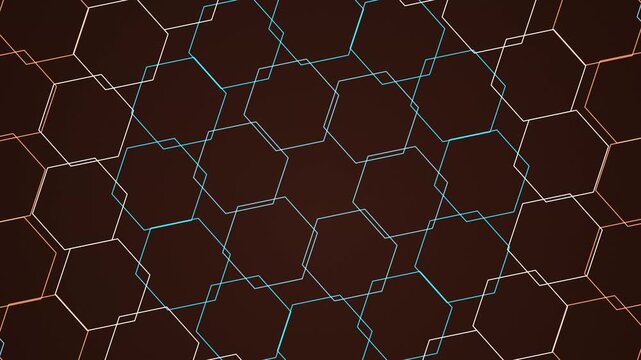 Glowing neon blue and orange hexagons forming a seamless geometric pattern on a dark brown surface