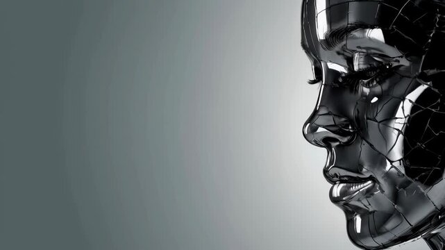 Futuristic Female Robot Profile Portrait with Cracked Metallic Chrome Texture and Dark Background