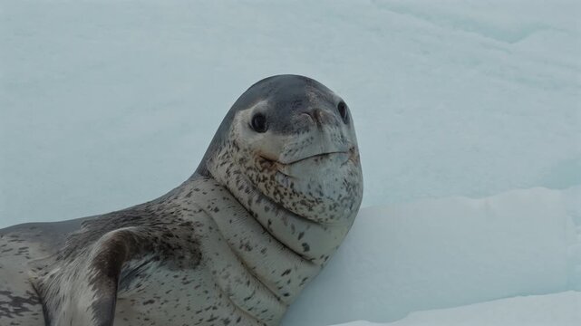 Close Up of Leopard Seal Resting on Ice