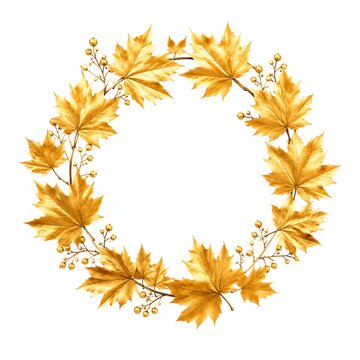 Golden autumn maple leaf wreath, metallic fall foliage circular frame, elegant harvest season border on white background