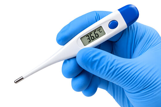 Doctor hand in blue glove holding a digital thermometer to measure body temperature