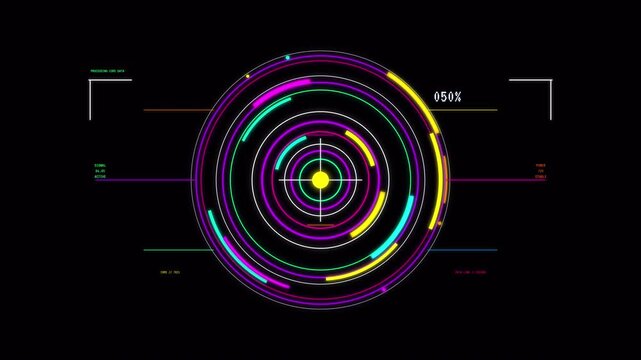 Futuristic HUD digital circular interface with percentage counter and neon glowing concentric rings for data visualization background 4K animation