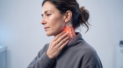 Fototapeta premium Woman Experiencing Neck Pain with Cervical Spine and Nerve Anatomy Illustration