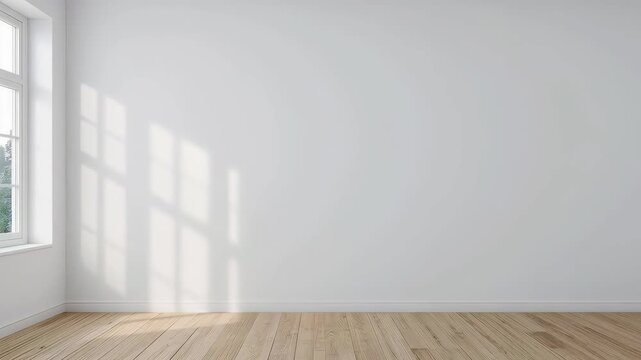 Empty White Room with Wooden Floor, Sunlight Shadows, and Window Creating Calm Minimalist Interior