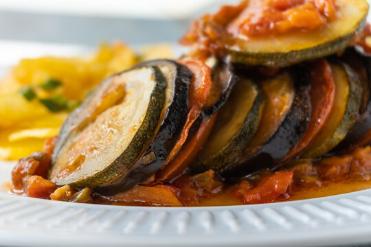 Layered vegetable ratatouille in tomato sauce