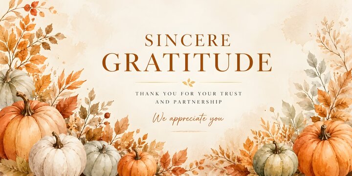 Sincere Gratitude autumn thank you banner, fall harvest pumpkins and foliage background, elegant Thanksgiving appreciation card