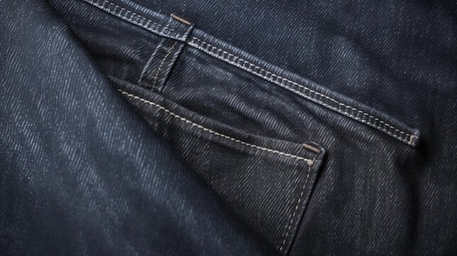 Close up view of dark blue denim jeans fabric texture with back pocket stitching detail for textile design and fashion background.