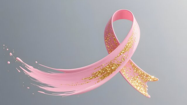 Pink breast cancer awareness ribbon with gold glitter, elegant medical charity symbol, pink ribbon for women health campaign