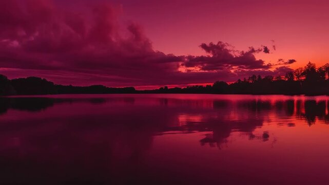 Sunset Lake Landscape with Colorful Clouds, Forest Horizon, and Twilight Reflection Calm Waters