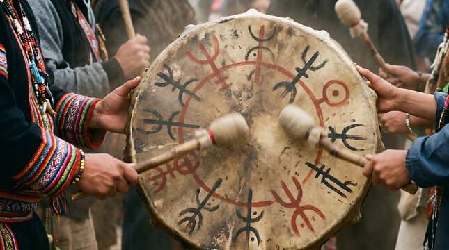 Hands playing traditional Native American painted drum during cultural music ceremony