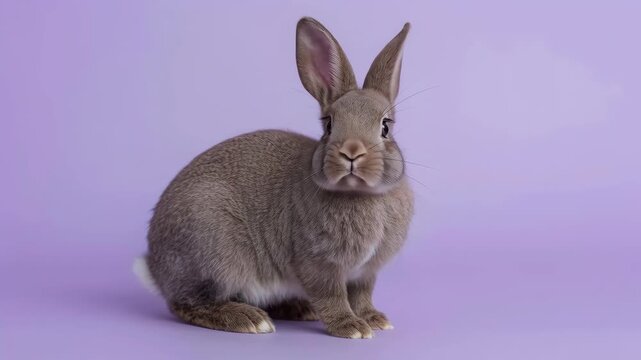 Gray Rabbit Animal Portrait With Alert Expression Sitting Against Lavender Studio Background