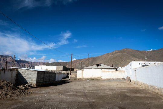 Streets of Murghob village by summer morning, Pamir Highway, Tajikistan