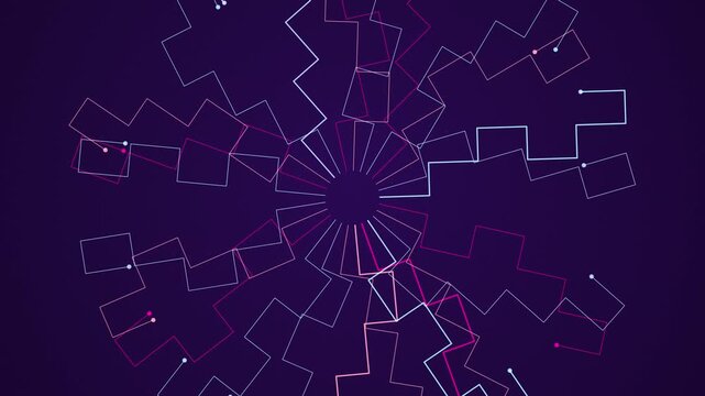 Glowing neon geometric patterns radiate from a central point in this complex scientific data visualization display
