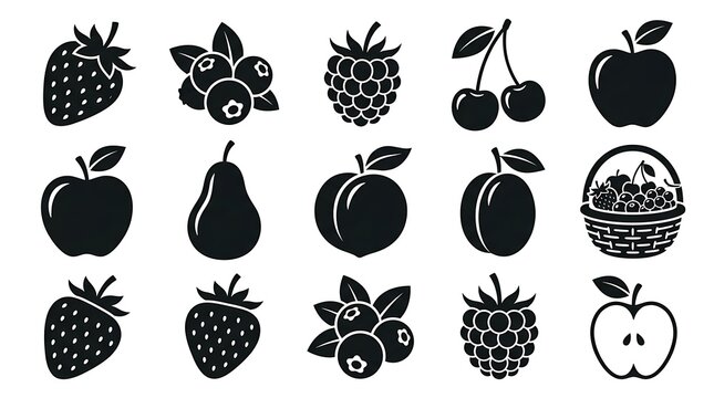 Fresh Fruits and Berries Vector Silhouette Icon Set with Apple Strawberry and Basket
