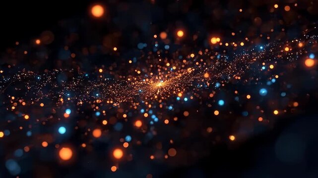 Abstract Glowing Particle Wave with Orange and Blue Bokeh Lights Against Dark Background