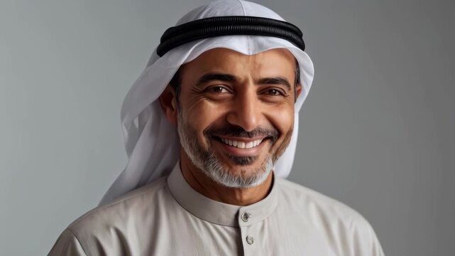Smiling Arab Man in Traditional White Clothing and Headwear Against Gray Background